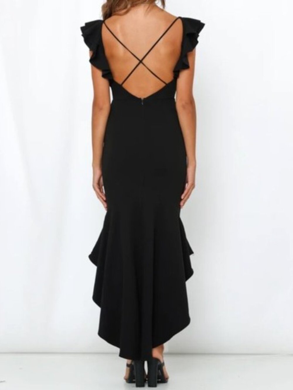NWT Hello Molly Black Ruffle V-Neck Midi Dress - Picture 3 of 7